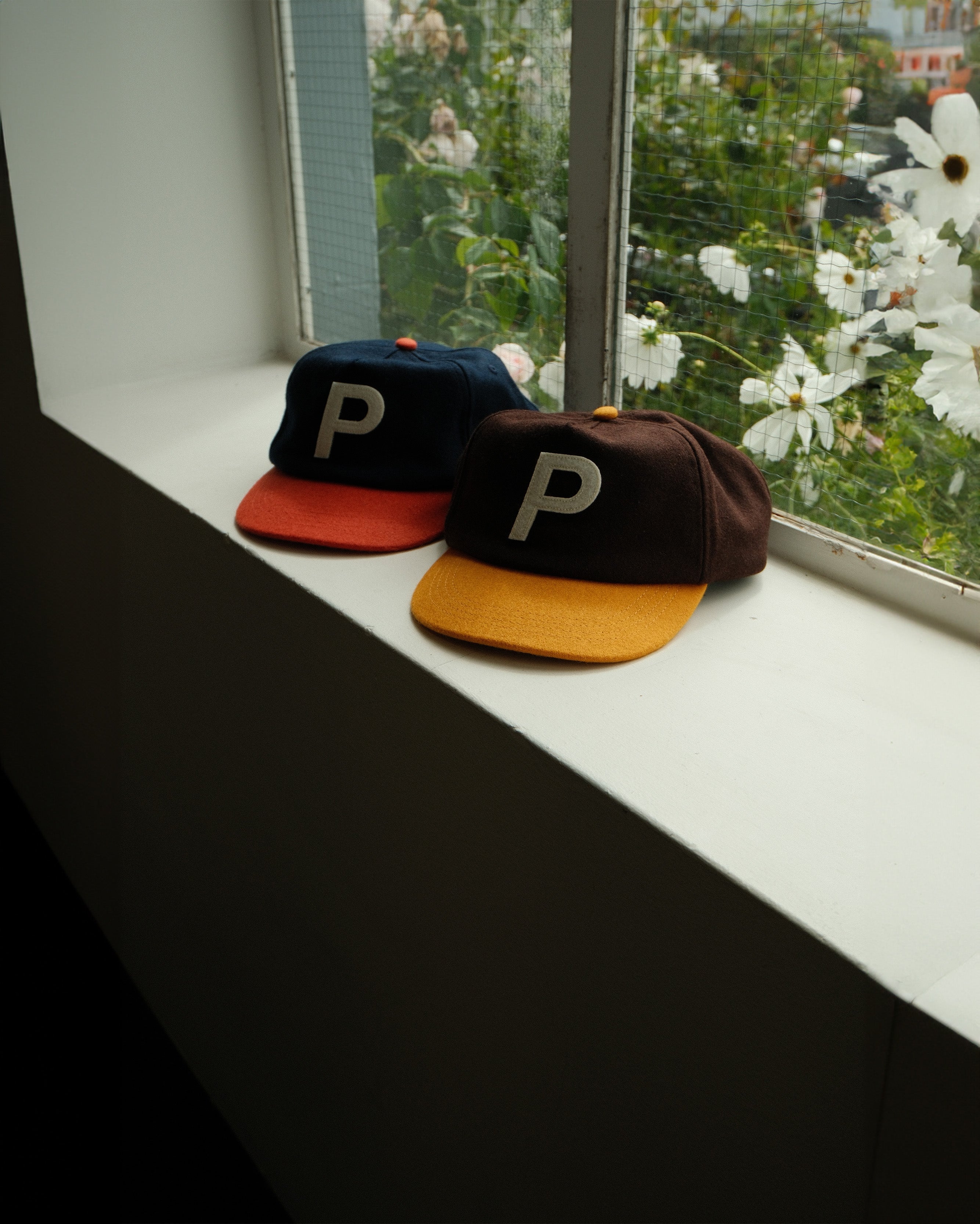 P Logo Wool 5 Panel Hat Navy / Burnt Orange in Melbourne, Australia - Prior