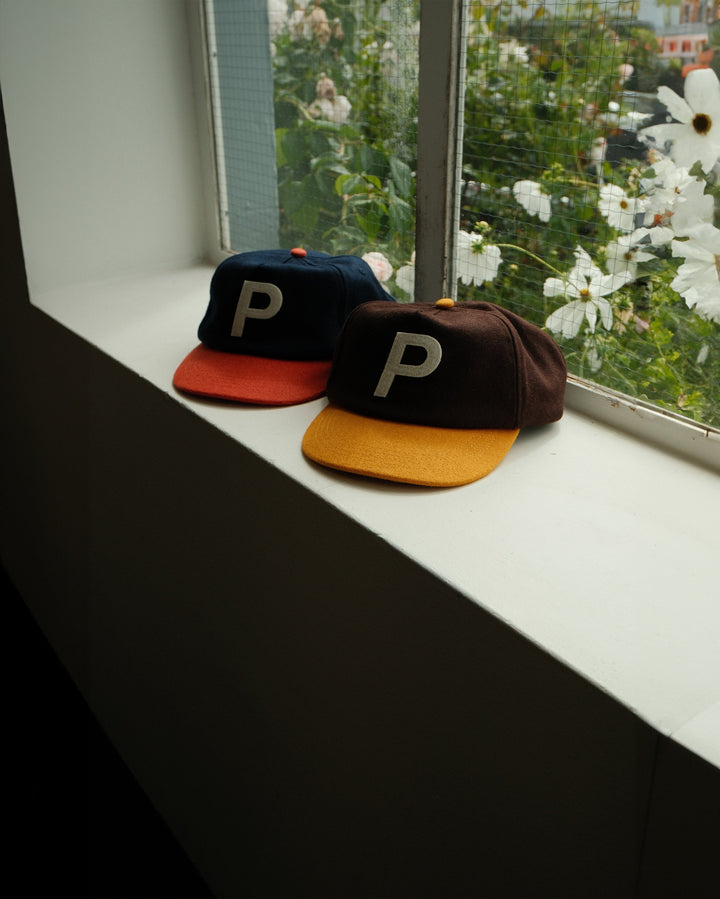 P Logo Wool 5 Panel Hat Navy / Burnt Orange in Melbourne, Australia - Prior