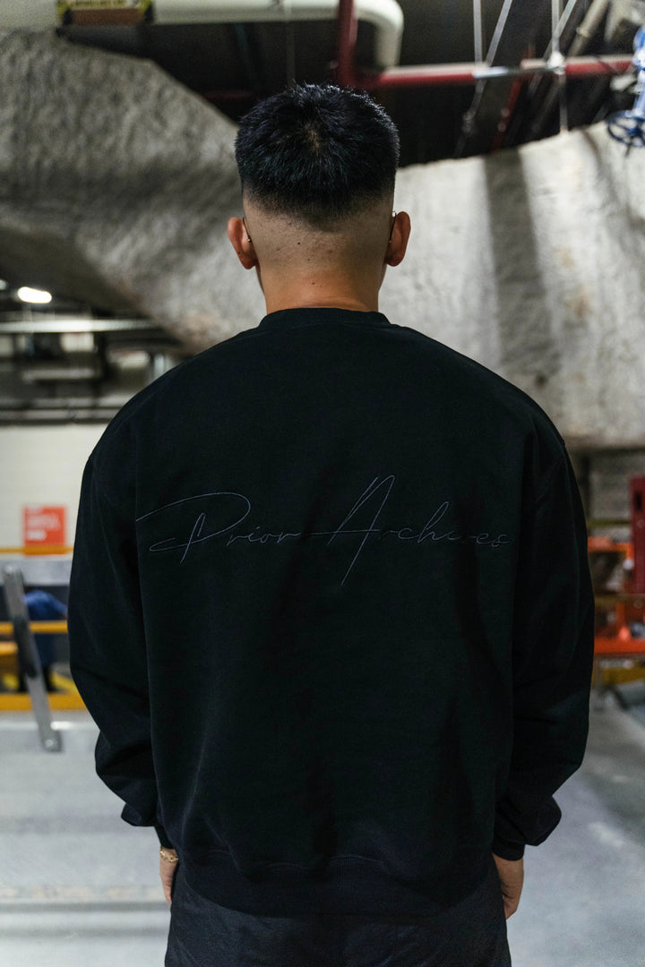 Prior Black Collection Embroidery Logo Oversized Crewneck Sweatshirt Onyx in Auckland, New Zealand - Shop name