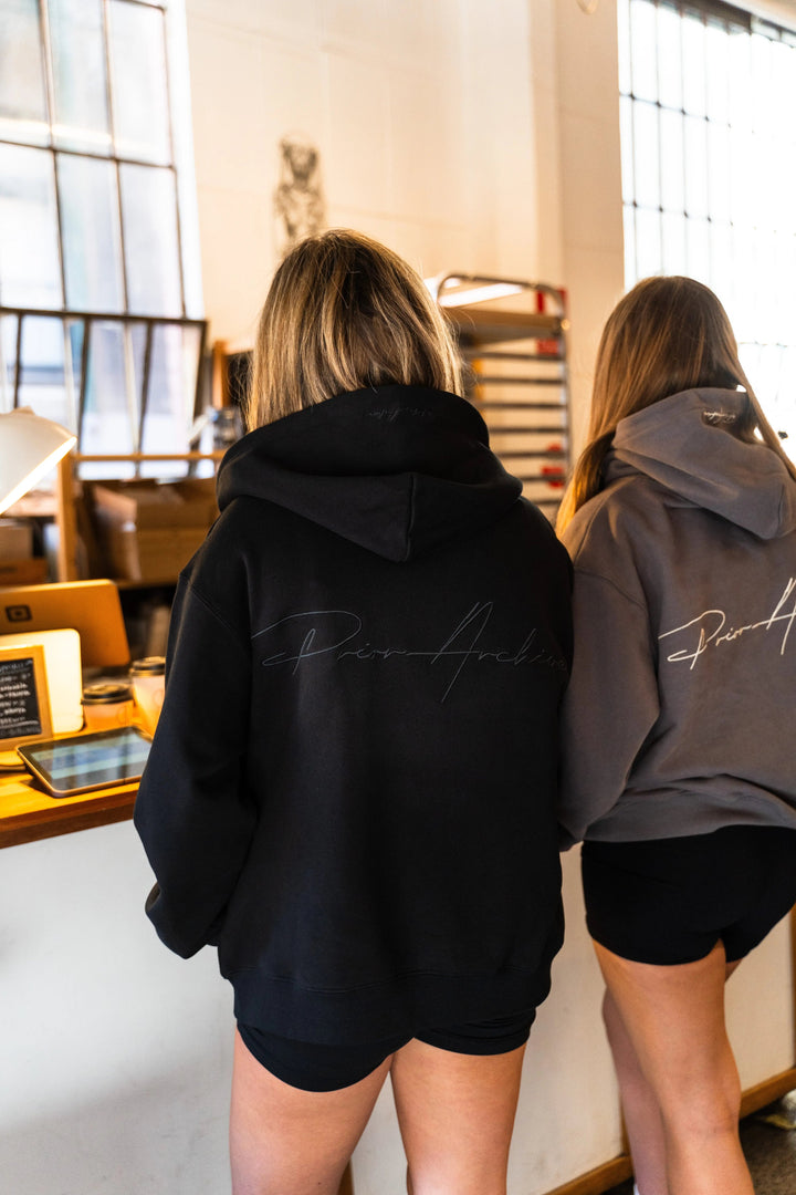 Prior Black Collection Embroidery Logo Oversized Double Zip-Up Hoodie Onyx in Auckland, New Zealand - Shop name