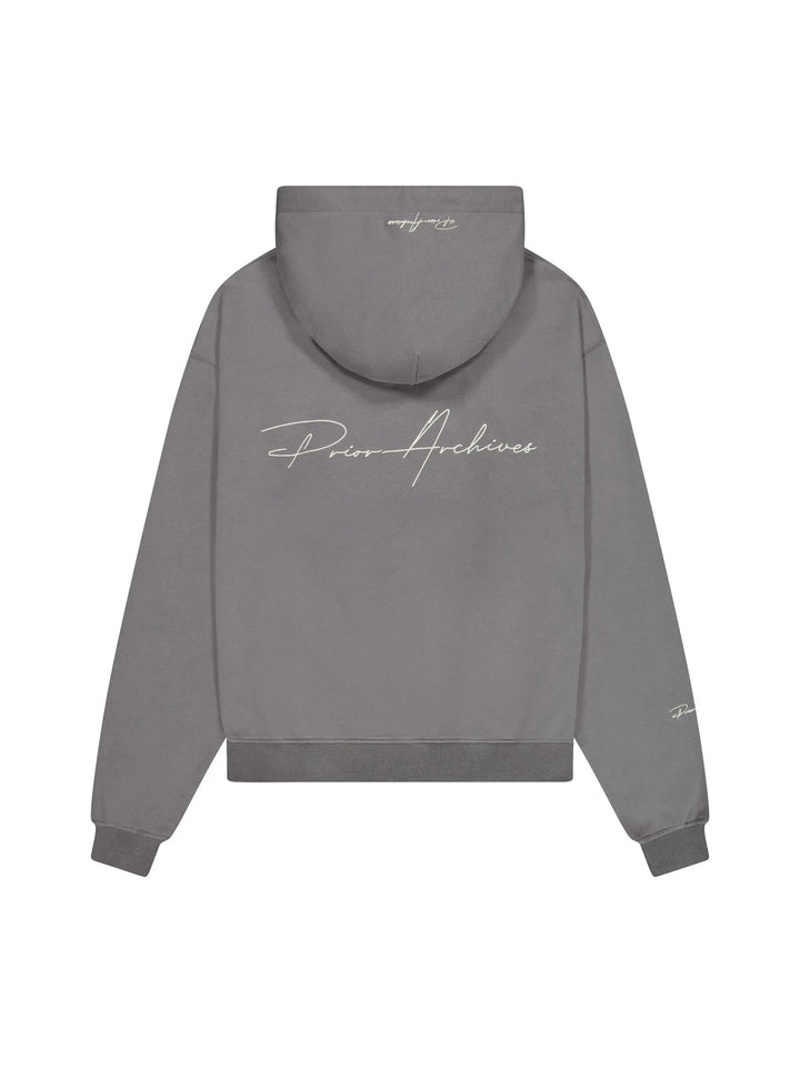 Prior Embroidery Logo Oversized Cropped Hoodie Slate - Prior