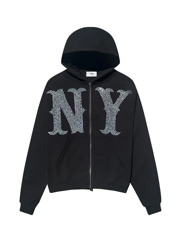 Prior NY Rhinestone Logo Oversized Cropped Zip Up Hoodie Onyx in Melbourne, Australia - Prior