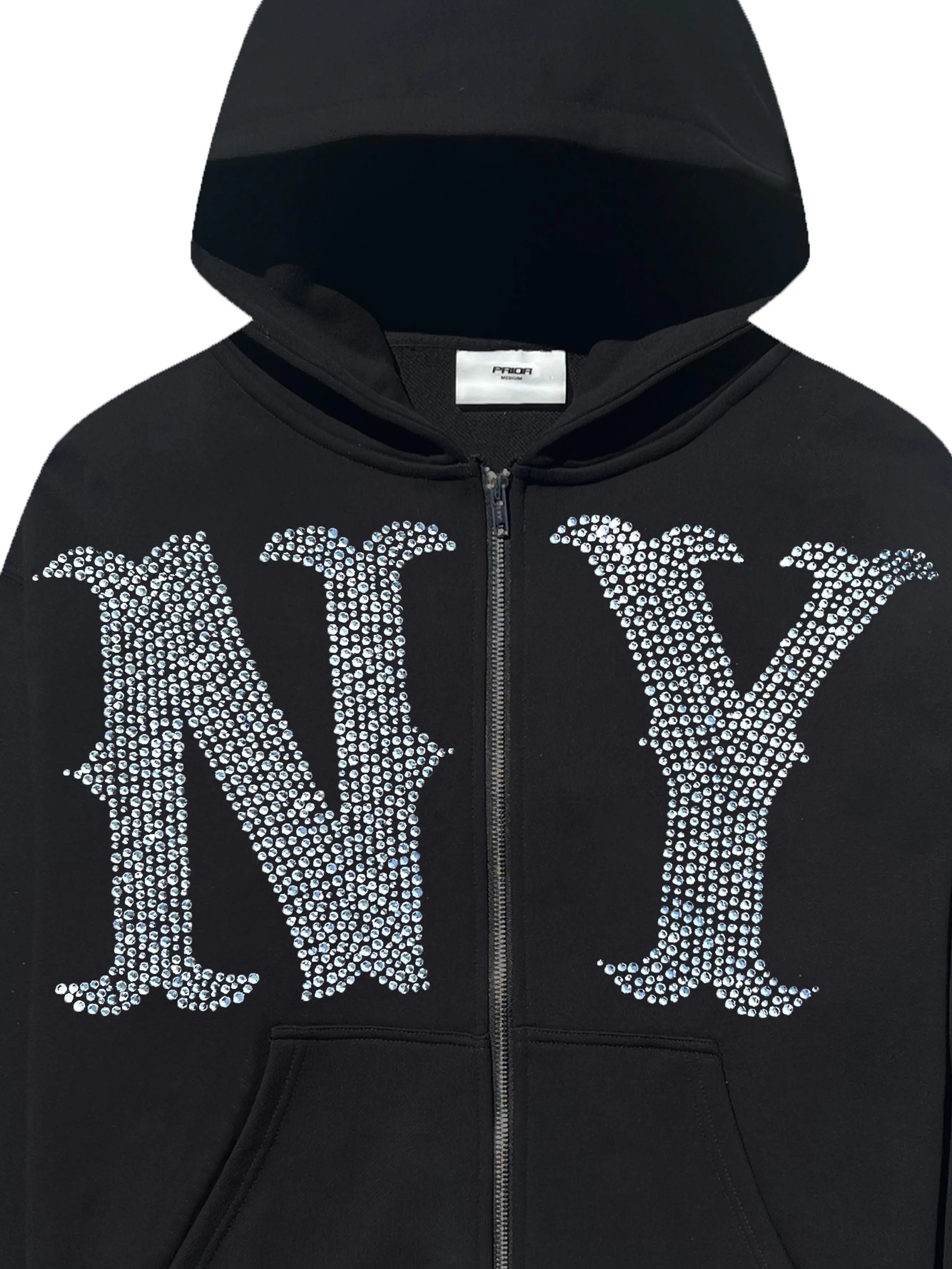 Prior NY Rhinestone Logo Oversized Cropped Zip Up Hoodie Onyx in Melbourne, Australia - Prior