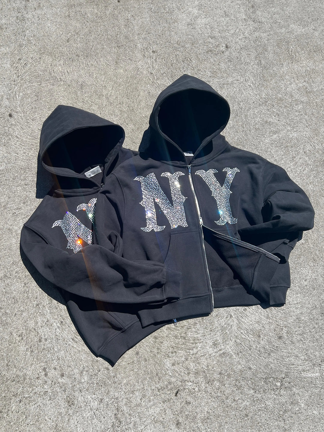 Prior NY Rhinestone Logo Oversized Cropped Zip Up Hoodie Onyx in Melbourne, Australia - Prior