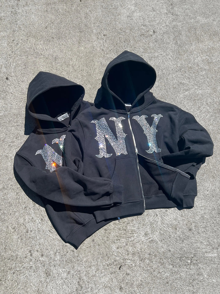 Prior NY Rhinestone Logo Oversized Cropped Zip Up Hoodie Onyx in Melbourne, Australia - Prior