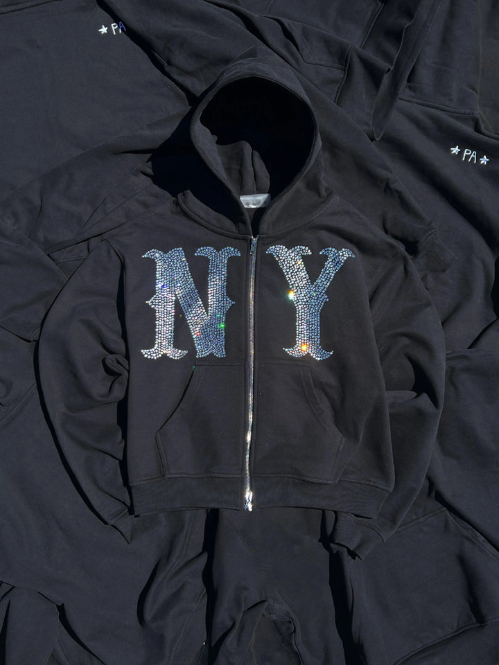 Prior NY Rhinestone Logo Oversized Cropped Zip Up Hoodie Onyx in Melbourne, Australia - Prior